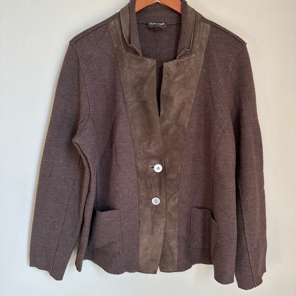 Eileen Fisher Merino Wool Lamb Leather Brown Button Jacket Pockets Size Large - Picture 1 of 9